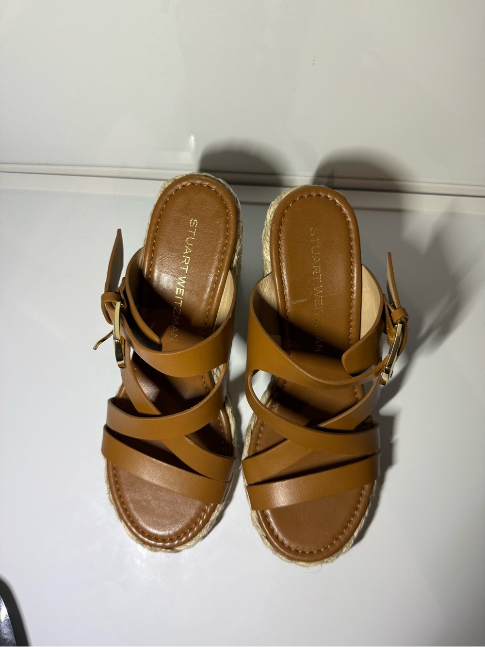 Stuart Weitzman Brown Leather Strappy Espadrille Wedge Sandals size 7.5
